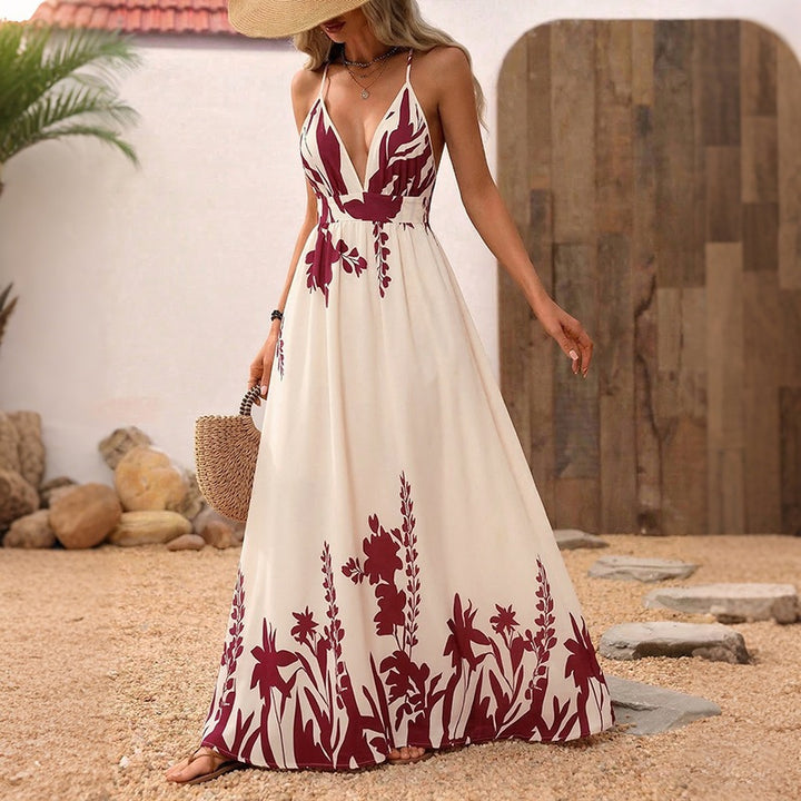 Damen Maxikleid mit tiefem V-Ausschnitt und floraler Applikation Drune
