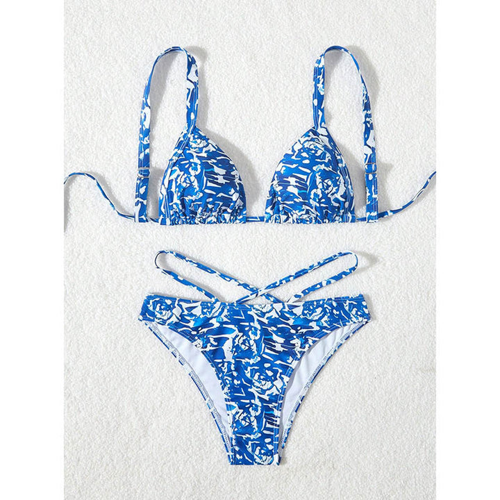 Damen Triangel-Bikini mit kreativem floralem Druck und verstellbaren Schnürdetails Drune