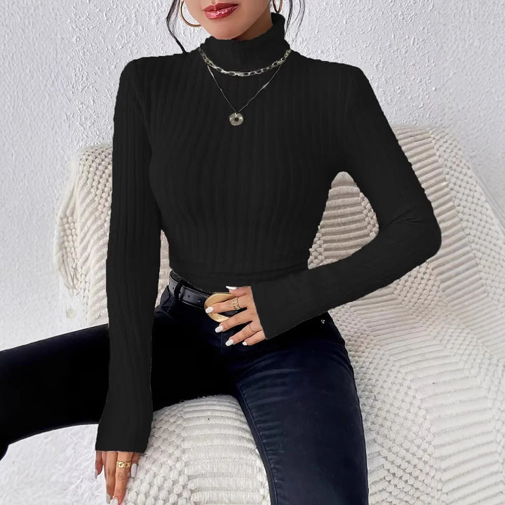 Damen Rippstrick-Turtleneck-Oberteil mit langen Ärmeln Drune