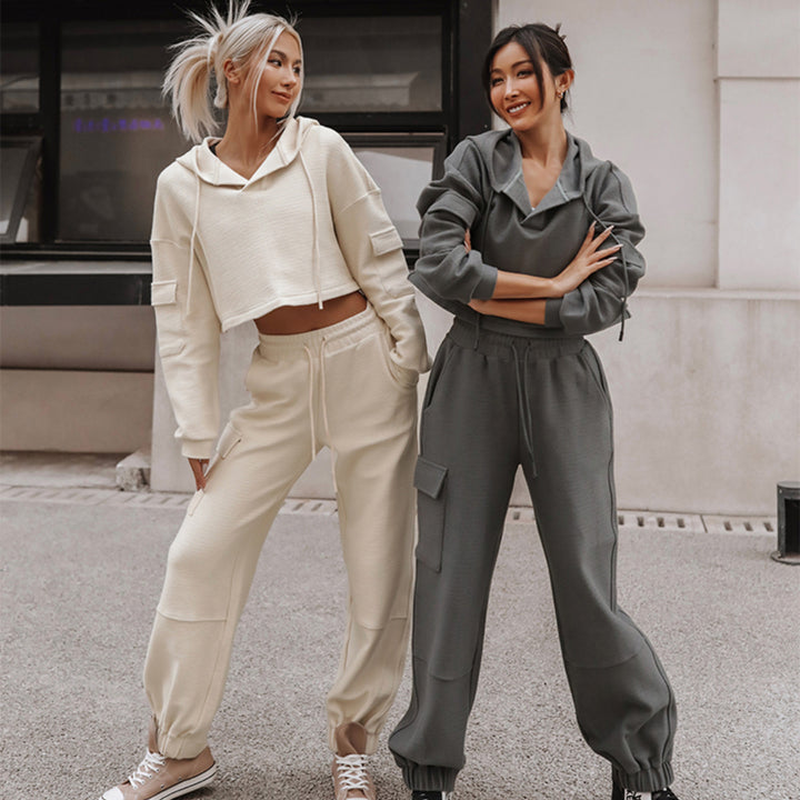 Damen nan Cropped Kapuzenpullover mit Highwaist Cargo-Joggingshose Set Drune