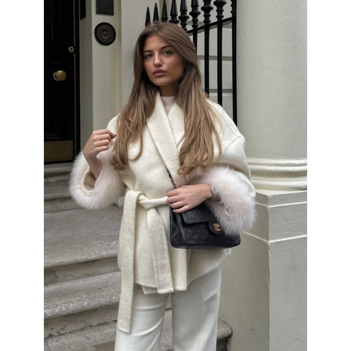 Damen elegante Kapuzenjacke mit Kunstpelzbesatz Drune