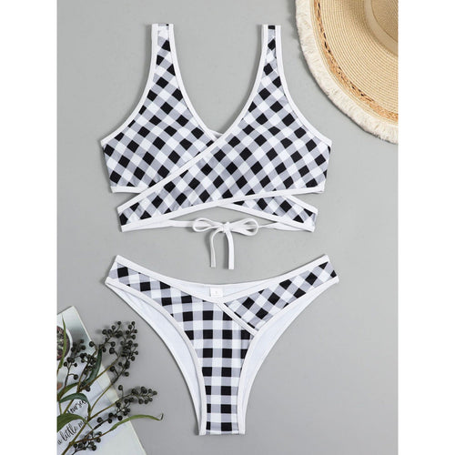 Damen Triangel-Bikini mit modernem Wickel-Design und verspieltem Karomuster Drune