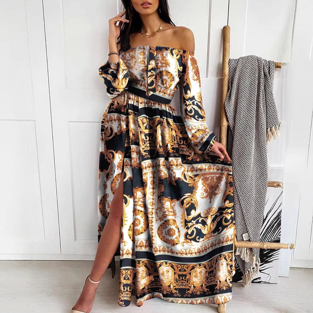 Damen Maxikleid mit schulterfreiem Design und elegantem Print Drune
