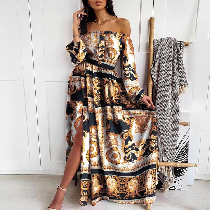 Damen Maxikleid mit schulterfreiem Design und elegantem Print Drune