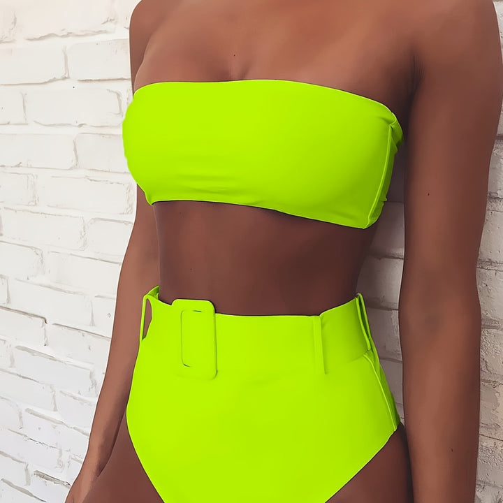 Damen Bandeau-Bikini-Set mit hoch taillierter Hose und trendigem Gürteldetail Drune