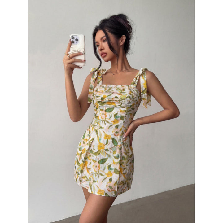 Damen Minikleid mit ärmellosen Bindeschultern und floralem Design Drune