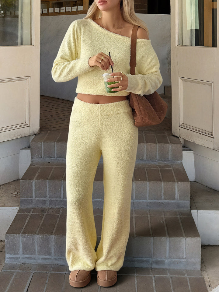 Damen nan kuscheliges Bouclé-Lounge-Set mit One-Shoulder-Crop-Pullover und Highwaist Palazzo-Hose Drune
