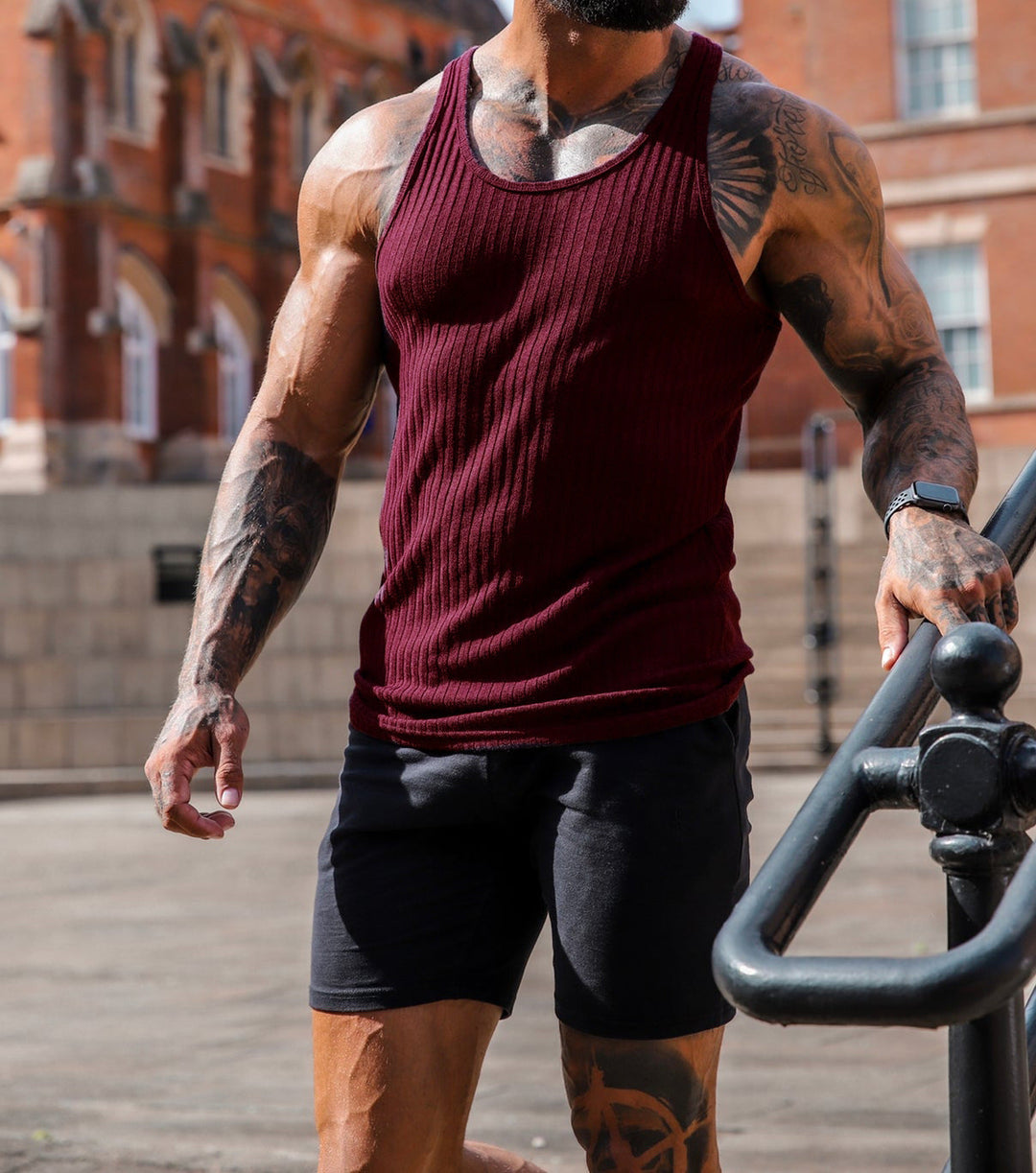 Herren nan geripptes Muskelshirt mit U-Ausschnitt und stretchigem Baumwollmix Drune