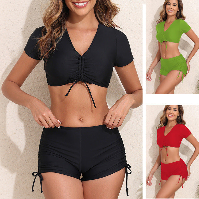 Damen Sportliches Crop-Top Badeanzug mit Raffung Drune