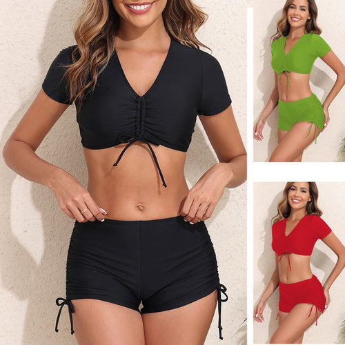 Damen Sportliches Crop-Top Badeanzug mit Raffung Drune