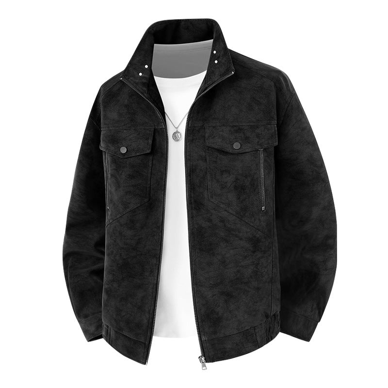 Herren  Faux-Suede Strukturierte Stehkragen-Zip-Jacke mit schrägen Brusttaschen Drune