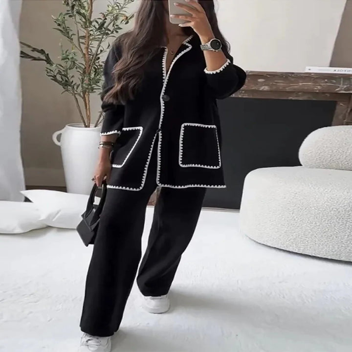 Damen elegantes Strickblazer-Set mit kontrastierenden Details Drune