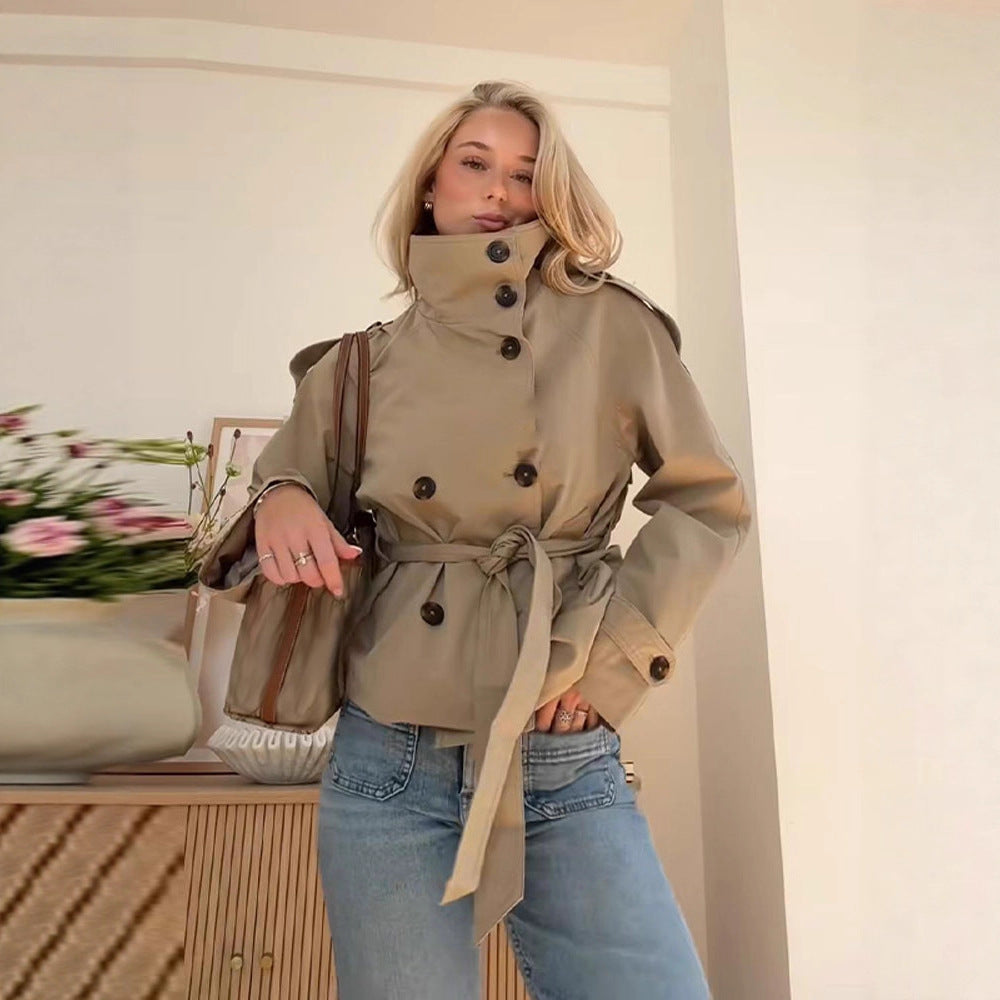 Damen stylische Übergangsjacke mit hohem Kragen und Taillengürtel Drune