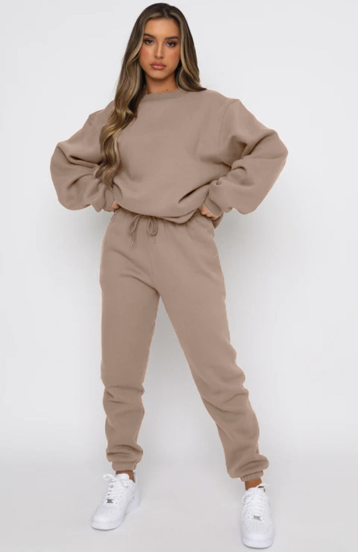 Damen nan zweiteiliges Cozy-Loungewear-Set mit Oversize-Rundhals und hochgeschnittener Jogginghose mit Kordelzug Drune
