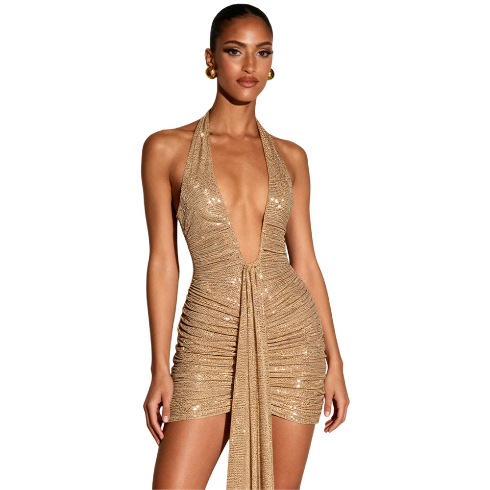 Damen Glitzerndes Minikleid mit tiefem V-Ausschnitt und raffinierten Drapierungsdetails Drune