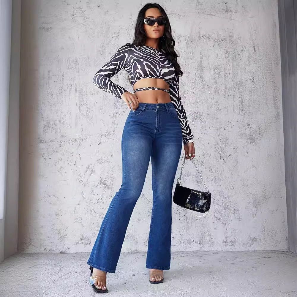 Damen Flared Jeans im modernen Design mit hohem Bund und ausgefallenem Waschung Drune