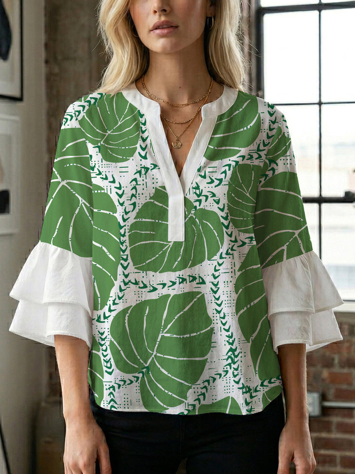 Damen Bluse mit voluminösen Rüschenärmeln und floralem Druck Drune