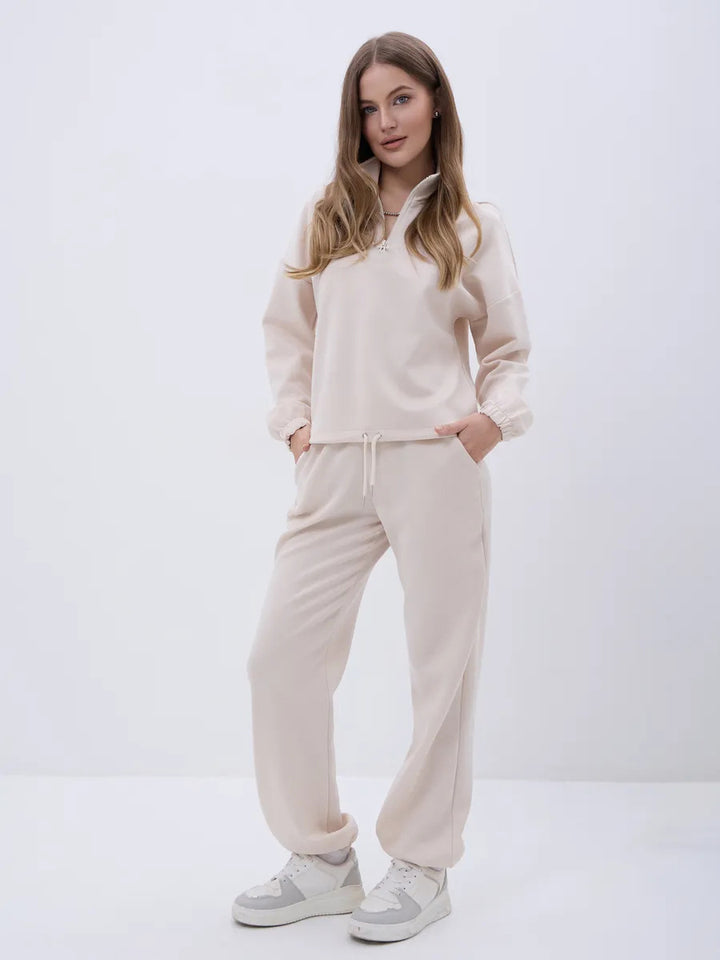 Damen Sportliches Loungewear-Set mit halbem Reißverschluss und elastischem Bund Drune