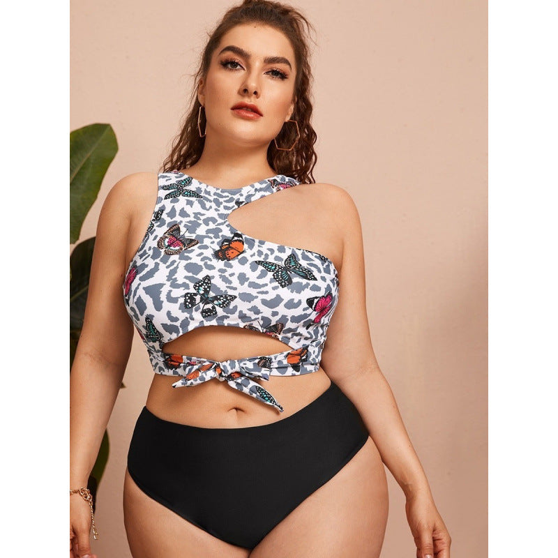 Damen Cut-Out Bikini mit modischem Blütenmuster und hohem Taillen-Slip Drune