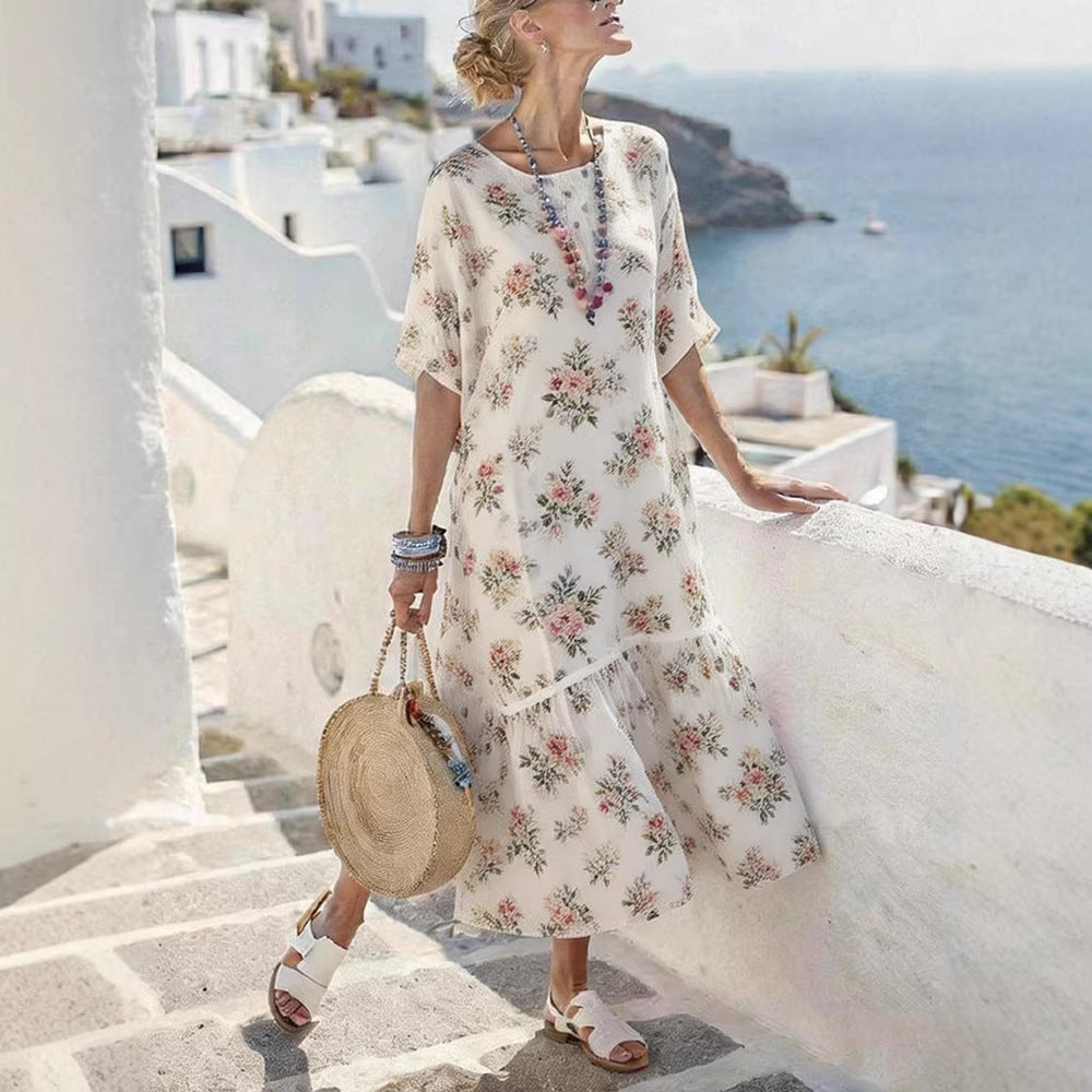 Damen Sommermaxikleid mit grafischem Muster und voluminösem Saum Drune