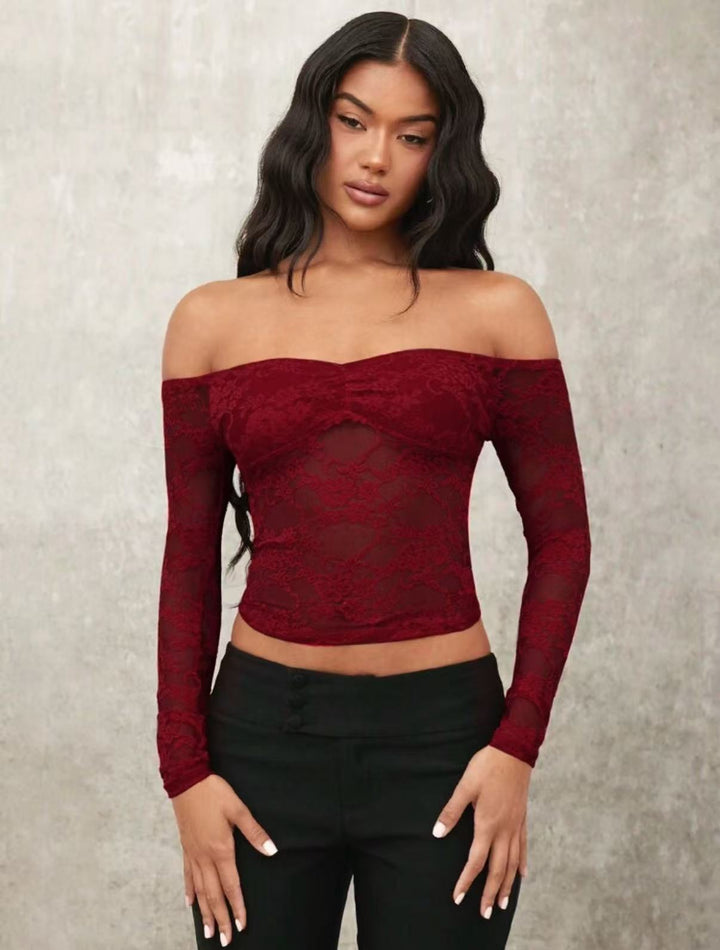Damen Off-Shoulder Spitzenoberteil mit langen Ärmeln und romantischen Details Drune