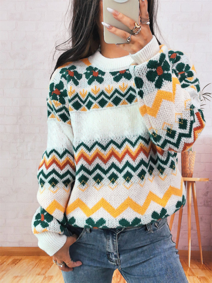 Damen Grobstrickpullover mit buntem Zickzackmuster und floralen Akzenten Drune