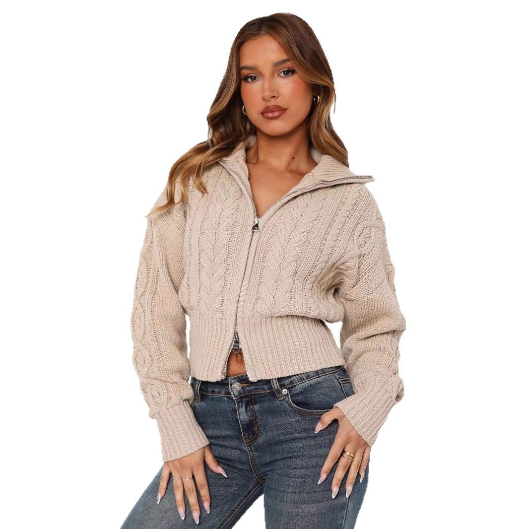 Damen cropped Strickjacke mit detailliertem Zopfmuster und hohem Kragen Drune