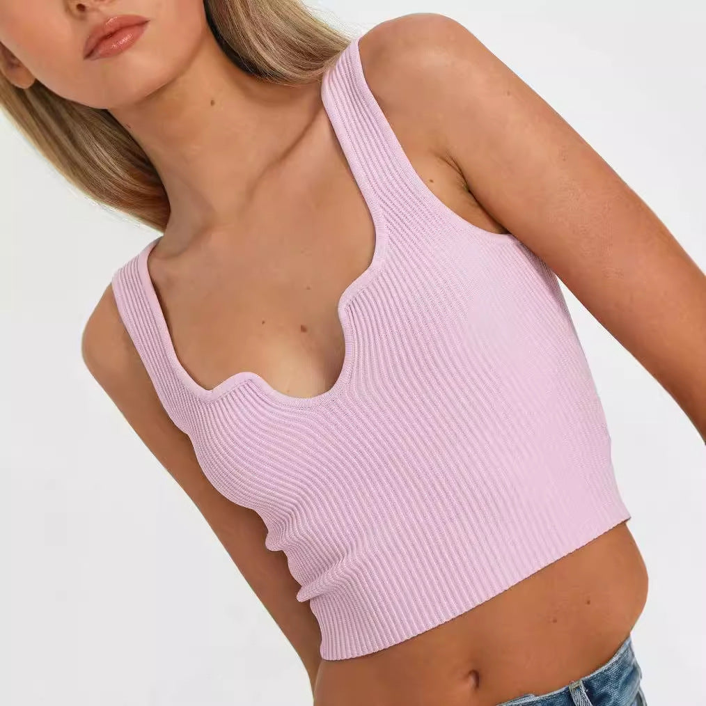 Damen Crop-Top mit Wellen-Ausschnitt und feiner Rippstruktur Drune