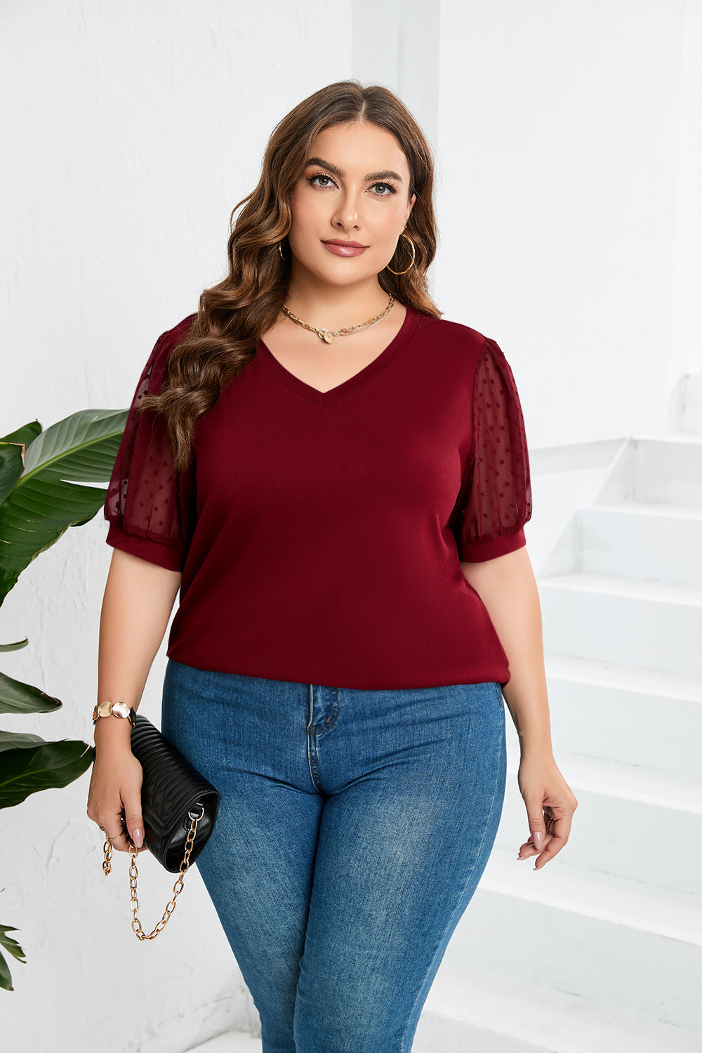 Damen elegantes Blusenshirt mit transparenten Puffärmeln und V-Ausschnitt Drune