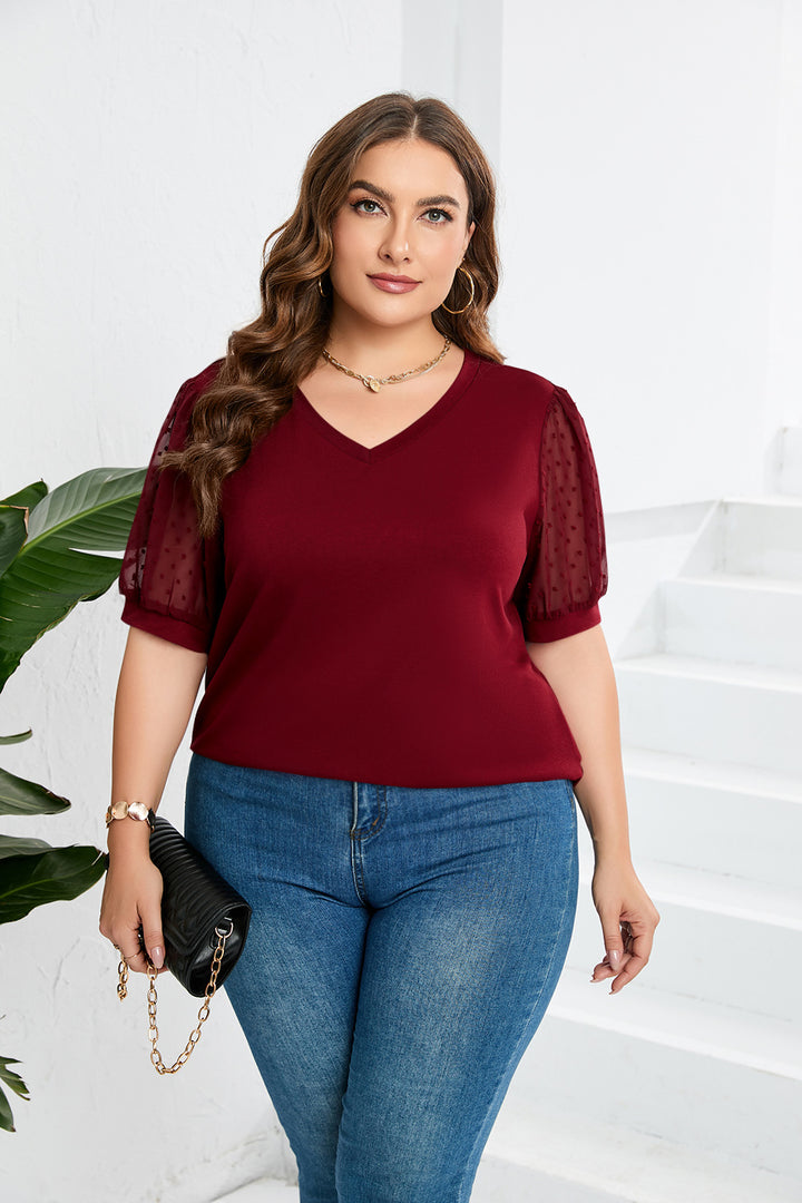 Damen elegantes Blusenshirt mit transparenten Puffärmeln und V-Ausschnitt Drune