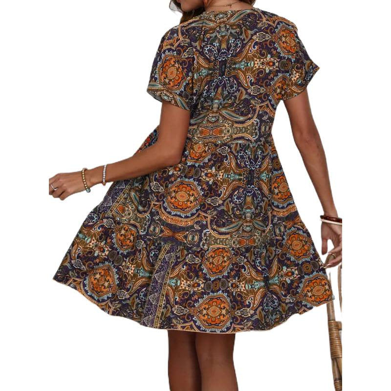 Damen Minikleid mit lässigem V-Ausschnitt und voluminösem Rock Drune