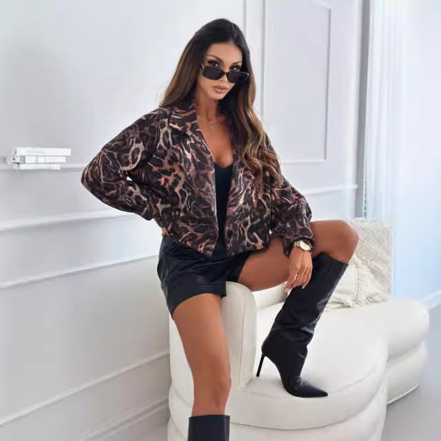 Damen Modische Blazerjacke im trendigen Leopardenmuster Drune