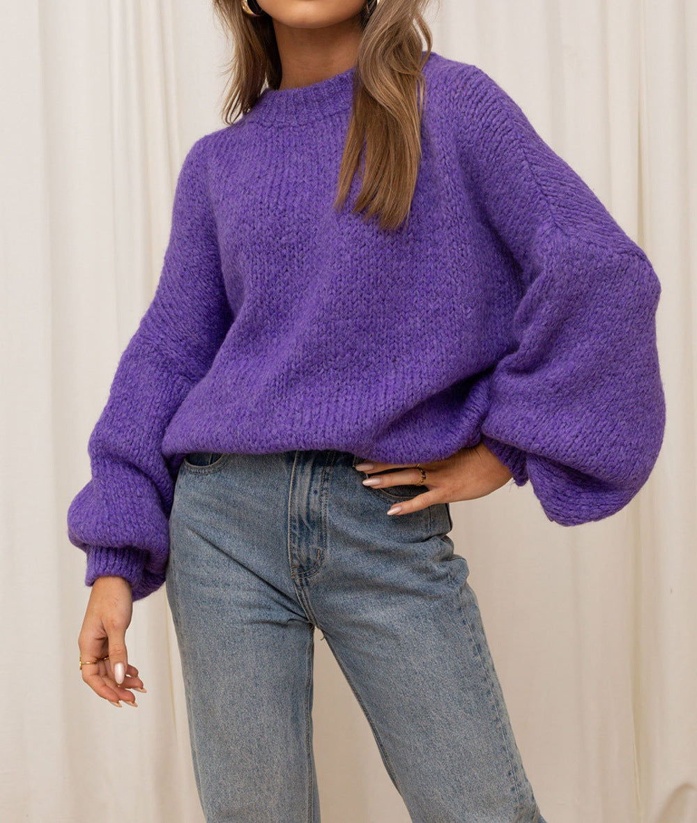 Damen Grobstrickpullover mit übergroßen Puffärmeln und hochgeschlossenem Kragen Drune