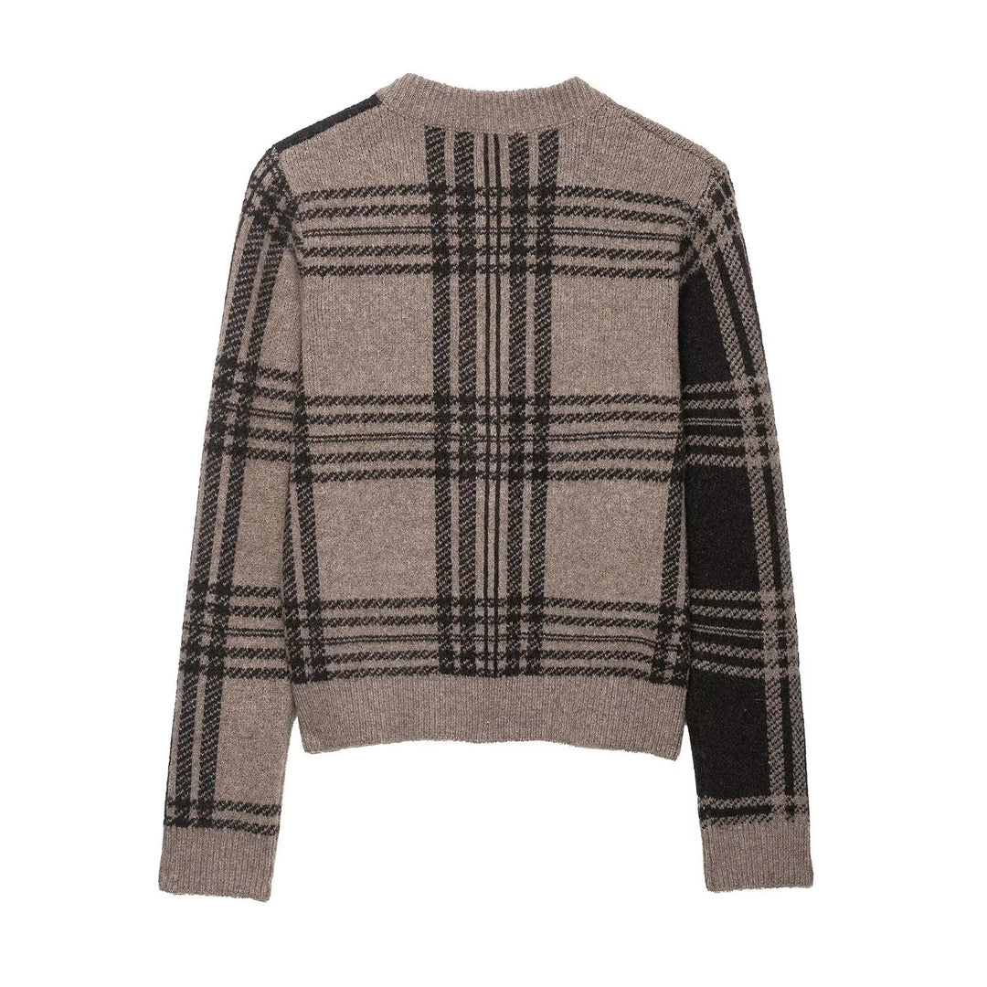 Damen Modische Karostrickjacke mit Knopfleiste und Rundhalsausschnitt Drune