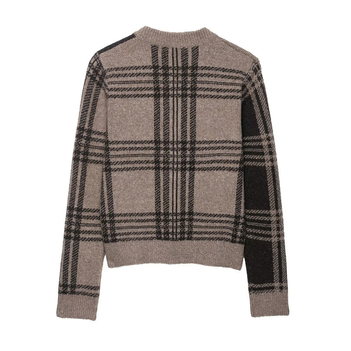 Damen Modische Karostrickjacke mit Knopfleiste und Rundhalsausschnitt Drune
