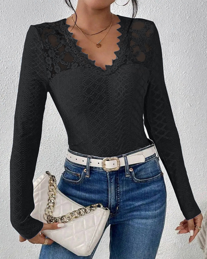 Damen Elegantes Spitze-Top mit V-Ausschnitt Drune