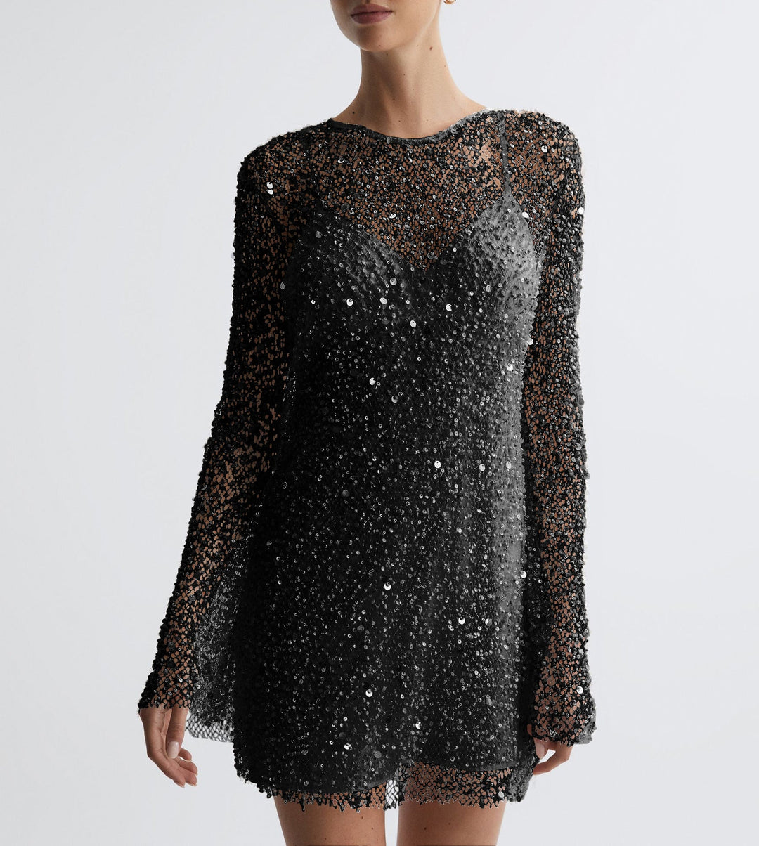 Damen Glitzerndes Cocktailkleid mit schimmernden Pailletten und langen Ärmeln Drune