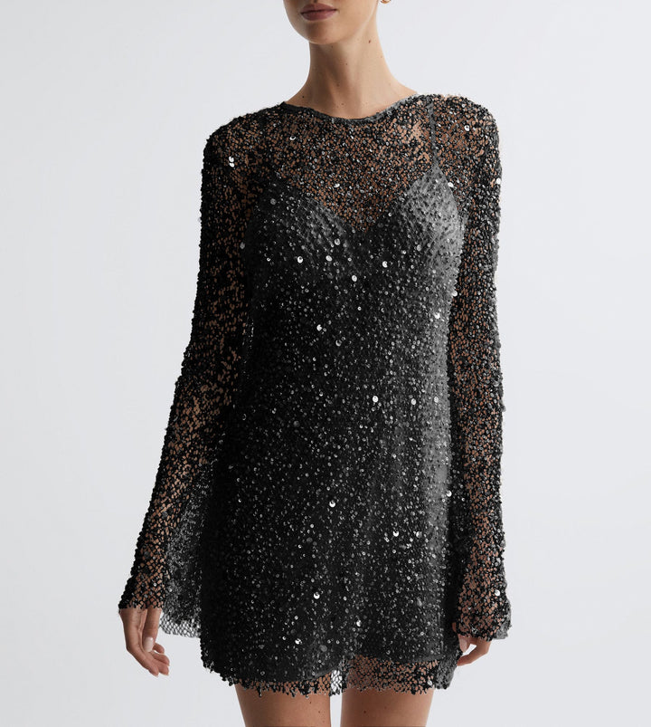 Damen Glitzerndes Cocktailkleid mit schimmernden Pailletten und langen Ärmeln Drune