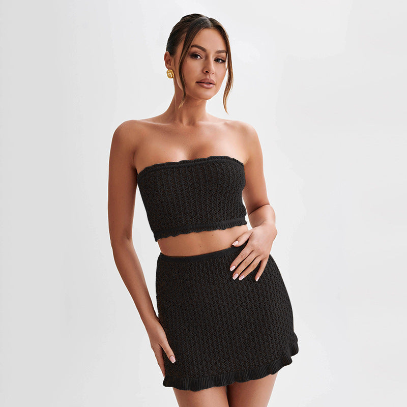 Damen Strick-Bandeau Top mit passendem Rock Drune
