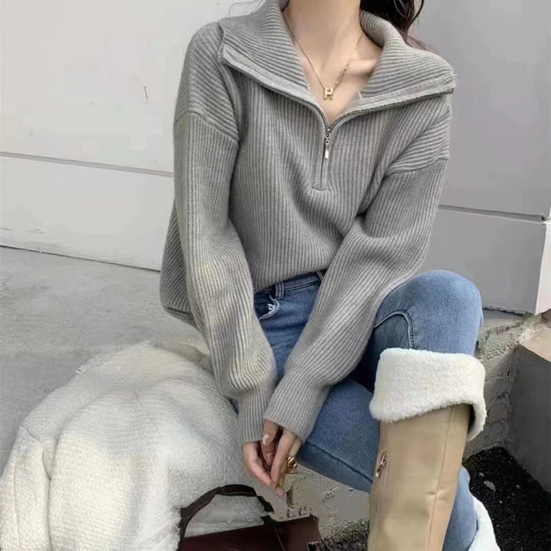 Damen Strickpullover mit hohem Kragen und halbem Reißverschluss Drune
