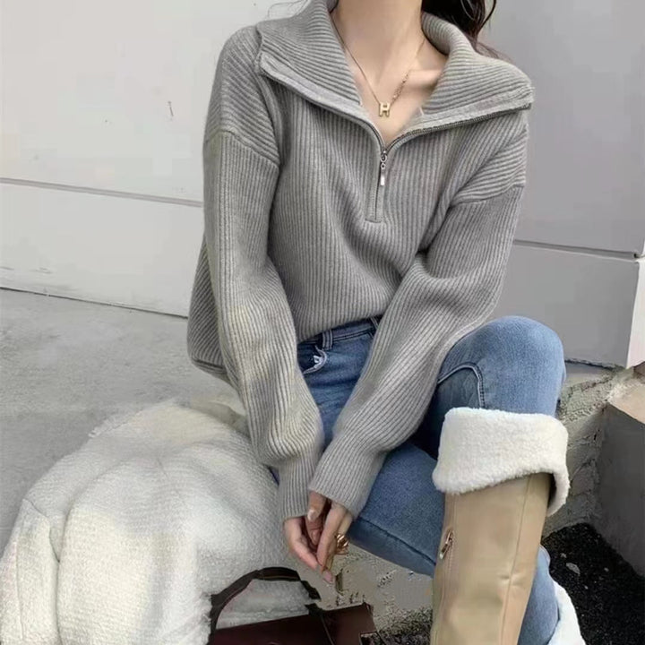 Damen Strickpullover mit hohem Kragen und halbem Reißverschluss Drune