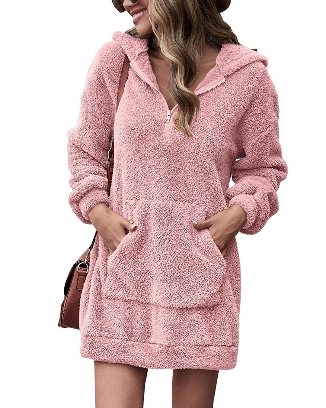 Damen Kuscheliger Hoodie-Kleid mit praktischen Taschen und halben Reißverschluss Drune
