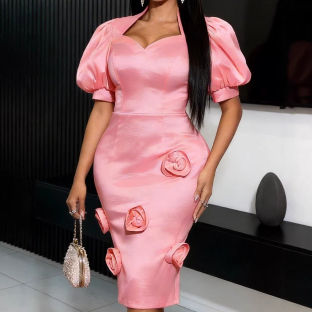 Damen Elegantes Kleid mit voluminösen Puffärmeln und floralem Akzent Drune