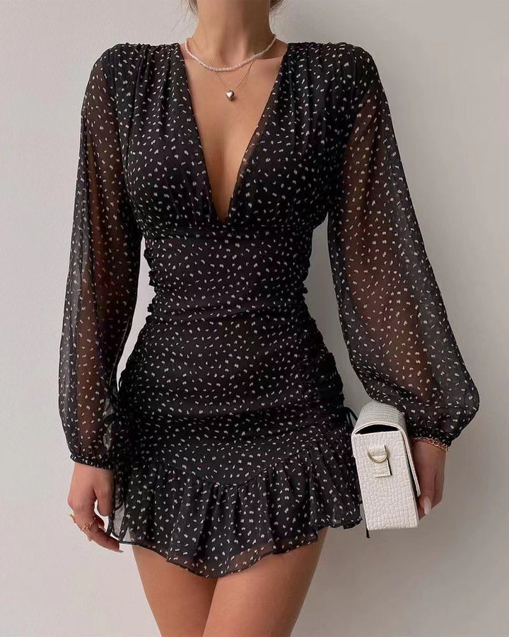 Damen Mini-Rüschendress mit V-Ausschnitt und eleganten Puffärmeln Drune