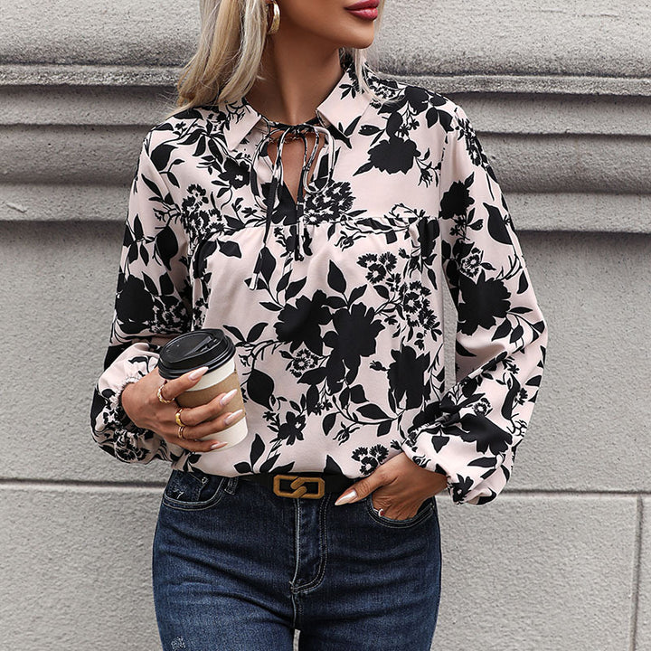 Damen Bluse mit dekorativem Knotendetail und modernen Blumenmustern Drune