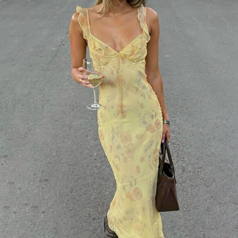 Damen Maxikleid mit floralem Muster und zartem Rüschensaum Drune