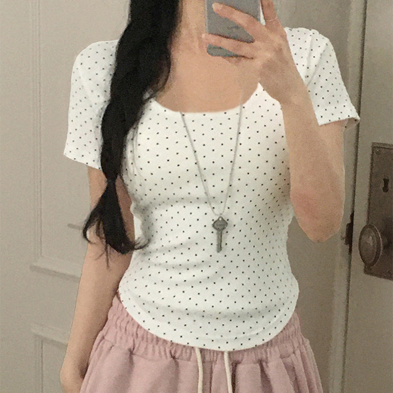 Damen Polka-Dot Shirt mit Rundhalsausschnitt und figurbetontem Schnitt Drune