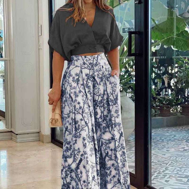 Damen Crop-Top Kombi-Anzug mit weitem Rock und floralem Muster Drune
