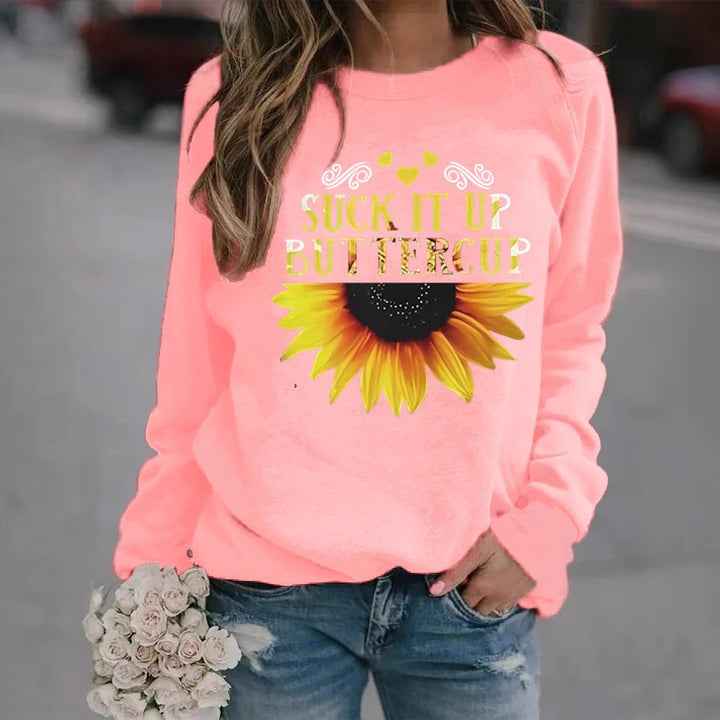 Damen Sweatshirt mit kreativem Sonnenblumenaufdruck und motivierendem Spruch Drune