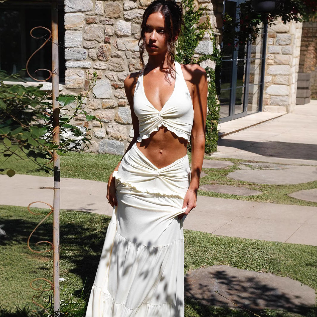 Damen Zweiteiliges Sommerkleid mit raffiniertem Oberteil und fließendem Rock Drune